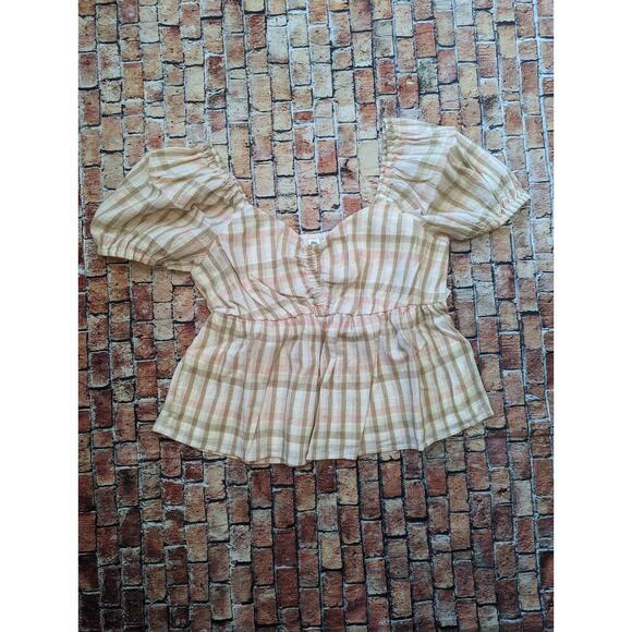 NWT BP. Pink Beige Park Plaid Short Puff Sleeve Babydoll size s - Picture 2 of 7